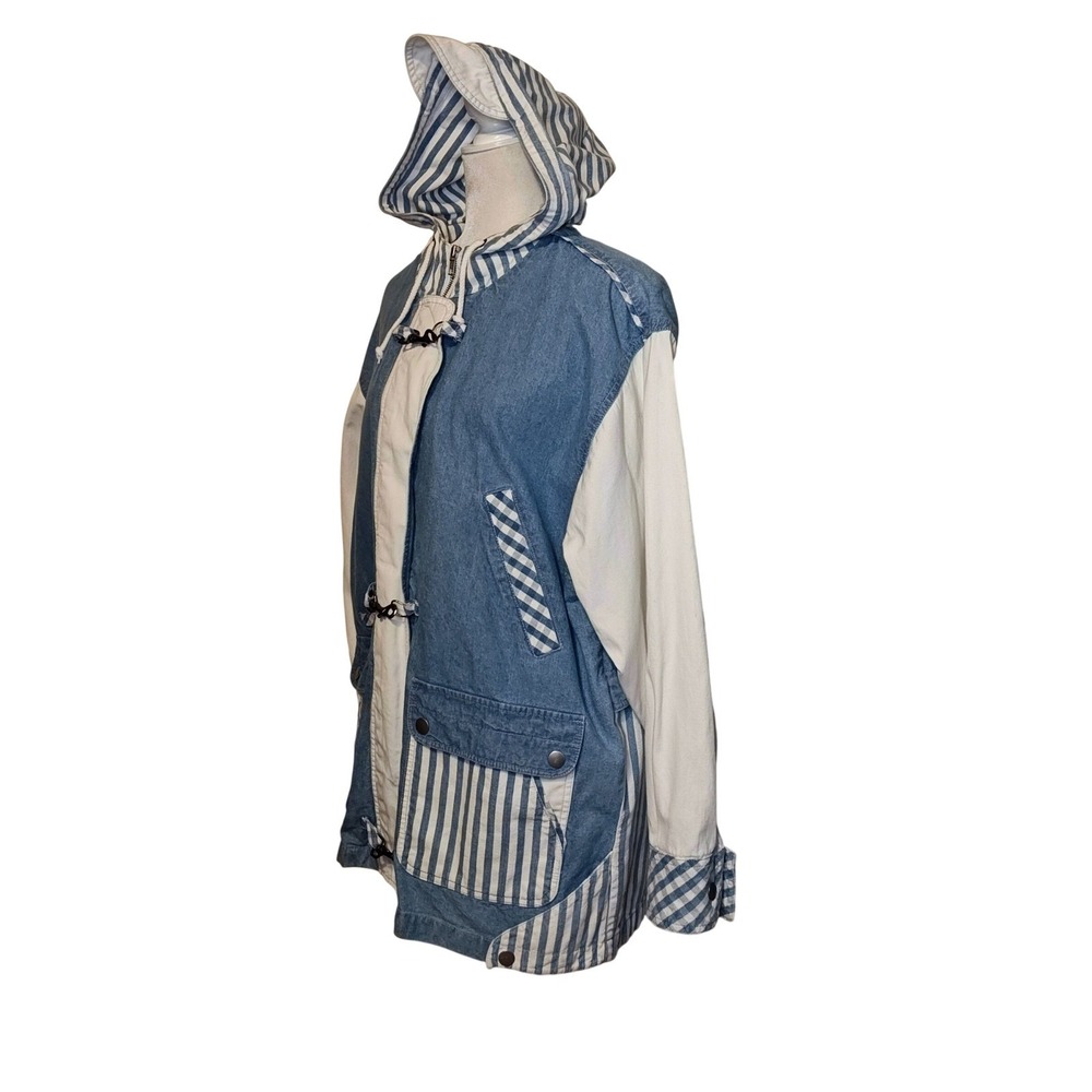 VTG East West Denim Jacket Women M Blue White Mixed Media Striped Hooded Toggle